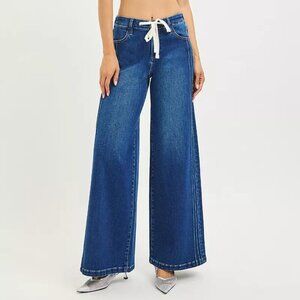 RISEN Full Size Mid Rise Wide Side Pintuck Jeans with Front Drawstring Plus Size